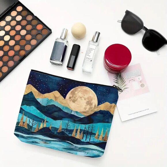 Cosmetic Bag Mountains Moon Stars Trees Makeup Trendy Pouch Travel Storage NEW - Picture 2 of 3